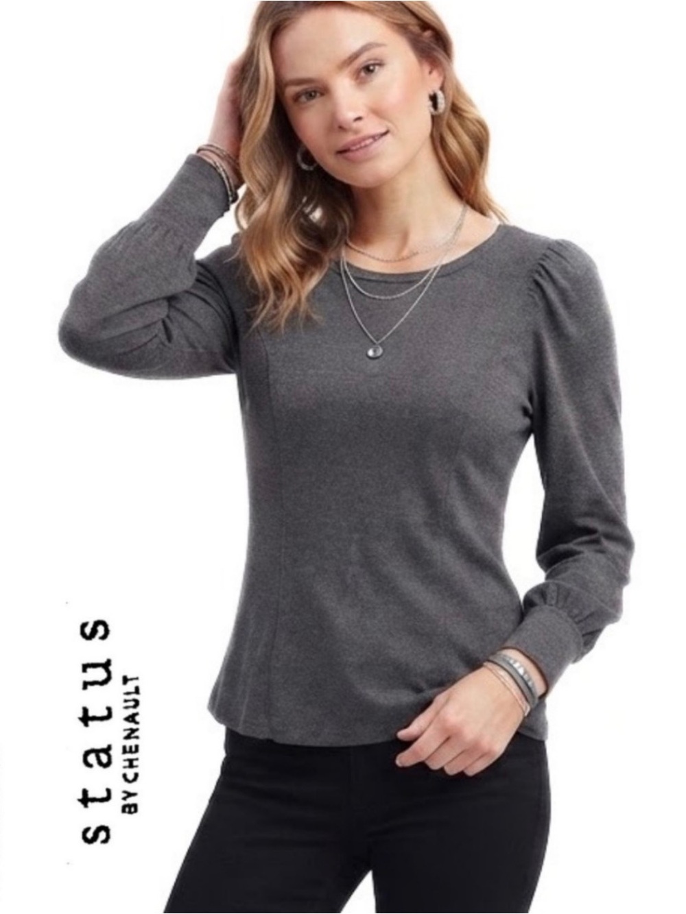 ⚡️Free With Purchase⚡️
STATUS By Chenault • 
Women’s Marled Knit Puffed Sleeves